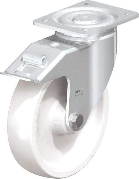 Blickle - 8" Diam x 1-31/32" Wide x 9-41/64" OAH Top Plate Mount Swivel Caster with Brake - Impact-Resistant Nylon, 1,980 Lb Capacity, Plain Bore Bearing, 5-1/2 x 4-3/8" Plate - Americas Industrial Supply