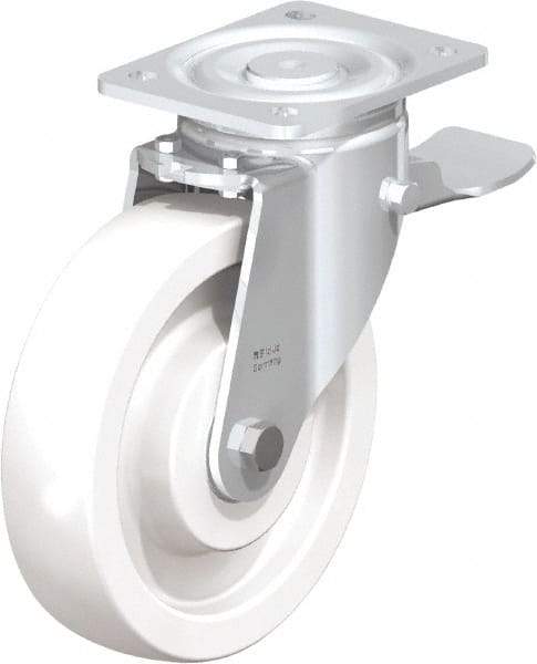 Blickle - 8" Diam x 1-31/32" Wide x 9-41/64" OAH Top Plate Mount Swivel Caster with Brake - Impact-Resistant Nylon, 1,980 Lb Capacity, Ball Bearing, 5-1/2 x 4-3/8" Plate - Americas Industrial Supply
