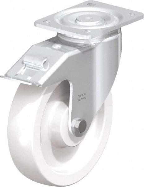 Blickle - 8" Diam x 1-31/32" Wide x 9-41/64" OAH Top Plate Mount Swivel Caster with Brake - Impact-Resistant Nylon, 1,980 Lb Capacity, Plain Bore Bearing, 5-1/2 x 4-3/8" Plate - Americas Industrial Supply