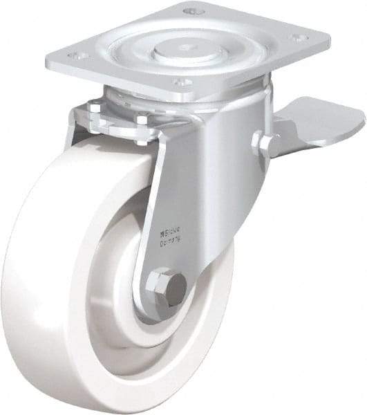 Blickle - 6-1/2" Diam x 1-31/32" Wide x 7-3/4" OAH Top Plate Mount Swivel Caster with Brake - Impact-Resistant Nylon, 1,870 Lb Capacity, Ball Bearing, 5-1/2 x 4-3/8" Plate - Americas Industrial Supply