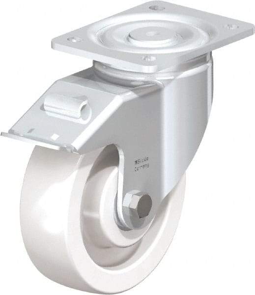 Blickle - 6-1/2" Diam x 1-31/32" Wide x 7-3/4" OAH Top Plate Mount Swivel Caster with Brake - Impact-Resistant Nylon, 1,870 Lb Capacity, Ball Bearing, 5-1/2 x 4-3/8" Plate - Americas Industrial Supply