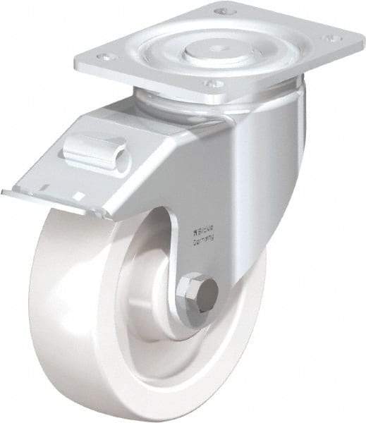Blickle - 6-1/2" Diam x 1-31/32" Wide x 7-3/4" OAH Top Plate Mount Swivel Caster with Brake - Impact-Resistant Nylon, 1,870 Lb Capacity, Plain Bore Bearing, 5-1/2 x 4-3/8" Plate - Americas Industrial Supply