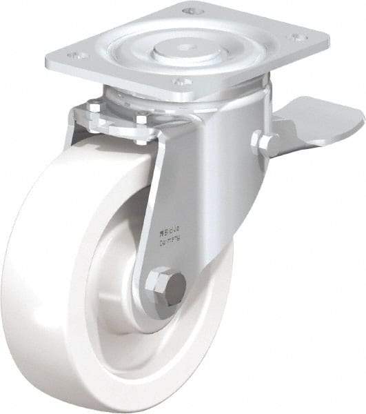 Blickle - 6-1/2" Diam x 1-31/32" Wide x 7-3/4" OAH Top Plate Mount Swivel Caster with Brake - Impact-Resistant Nylon, 1,870 Lb Capacity, Plain Bore Bearing, 5-1/2 x 4-3/8" Plate - Americas Industrial Supply