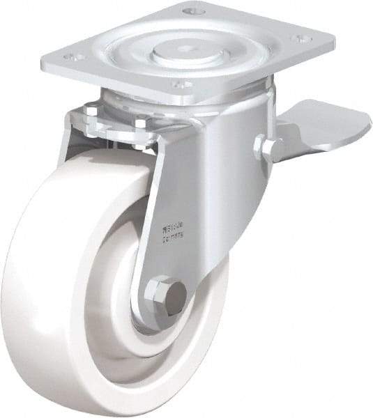 Blickle - 6" Diam x 1-31/32" Wide x 7-3/4" OAH Top Plate Mount Swivel Caster with Brake - Impact-Resistant Nylon, 1,760 Lb Capacity, Ball Bearing, 5-1/2 x 4-3/8" Plate - Americas Industrial Supply
