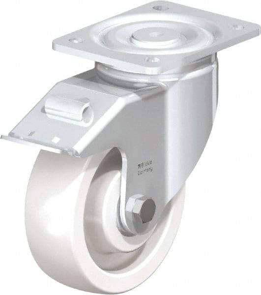 Blickle - 6" Diam x 1-31/32" Wide x 7-3/4" OAH Top Plate Mount Swivel Caster with Brake - Impact-Resistant Nylon, 1,760 Lb Capacity, Ball Bearing, 5-1/2 x 4-3/8" Plate - Americas Industrial Supply