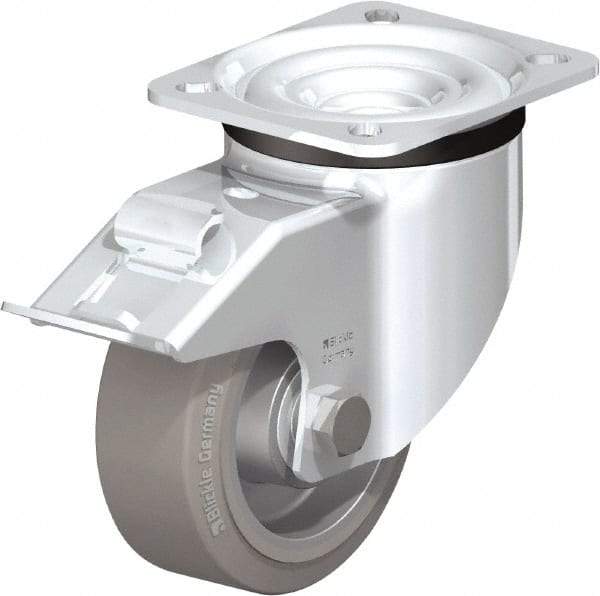 Blickle - 4" Diam x 1-37/64" Wide x 5-7/64" OAH Top Plate Mount Swivel Caster with Brake - Solid Rubber, 440 Lb Capacity, Ball Bearing, 3-15/16 x 3-3/8" Plate - Americas Industrial Supply