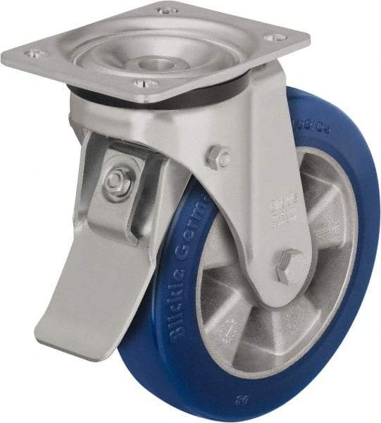 Blickle - 8" Diam x 1-31/32" Wide x 9-41/64" OAH Top Plate Mount Swivel Caster with Brake - Polyurethane-Elastomer Blickle Besthane, 1,320 Lb Capacity, Ball Bearing, 5-1/2 x 4-3/8" Plate - Americas Industrial Supply