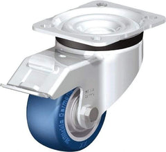 Blickle - 3" Diam x 1-37/64" Wide x 4-21/64" OAH Top Plate Mount Swivel Caster with Brake - Polyurethane-Elastomer Blickle Besthane, 506 Lb Capacity, Ball Bearing, 3-15/16 x 3-3/8" Plate - Americas Industrial Supply