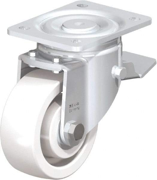 Blickle - 5" Diam x 1-31/32" Wide x 6-11/16" OAH Top Plate Mount Swivel Caster with Brake - Impact-Resistant Nylon, 1,650 Lb Capacity, Ball Bearing, 5-1/2 x 4-3/8" Plate - Americas Industrial Supply