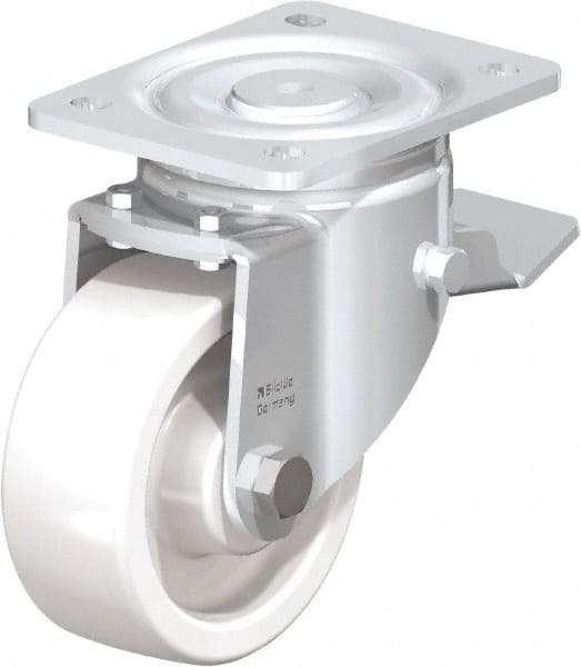Blickle - 5" Diam x 1-31/32" Wide x 6-11/16" OAH Top Plate Mount Swivel Caster with Brake - Impact-Resistant Nylon, 1,650 Lb Capacity, Plain Bore Bearing, 5-1/2 x 4-3/8" Plate - Americas Industrial Supply