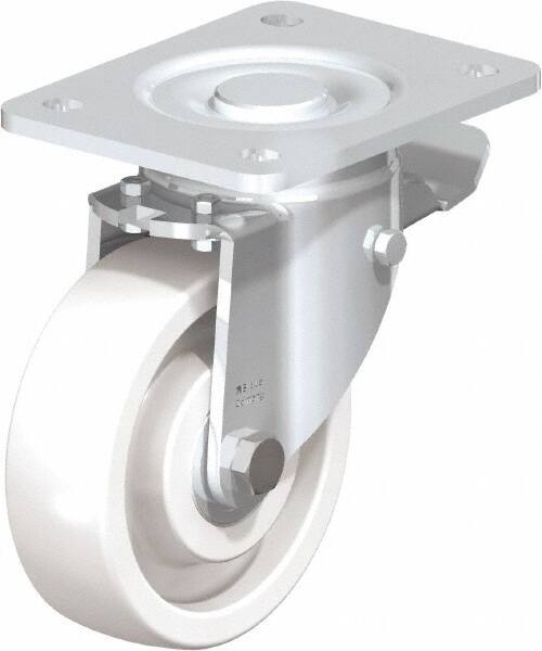 Blickle - 5" Diam x 1-29/64" Wide x 6-1/2" OAH Top Plate Mount Swivel Caster with Brake - Impact-Resistant Nylon, 1,540 Lb Capacity, Ball Bearing, 5-1/2 x 4-3/8" Plate - Americas Industrial Supply