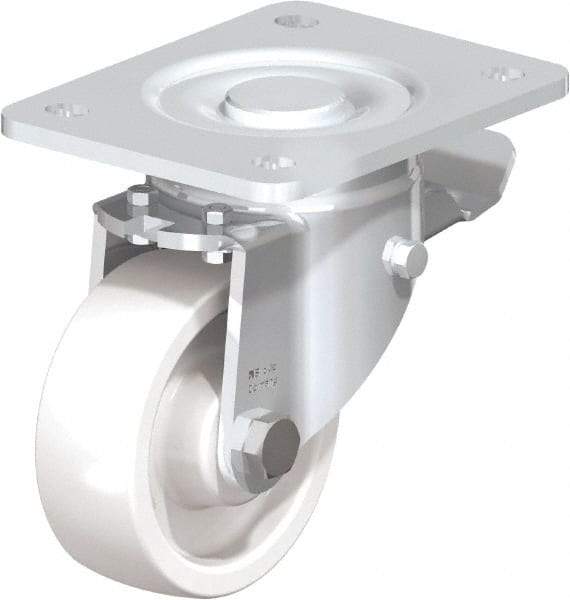 Blickle - 4" Diam x 1-29/64" Wide x 5-33/64" OAH Top Plate Mount Swivel Caster with Brake - Impact-Resistant Nylon, 1,100 Lb Capacity, Plain Bore Bearing, 5-1/2 x 4-3/8" Plate - Americas Industrial Supply