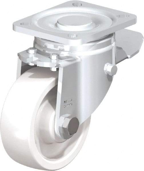 Blickle - 4" Diam x 1-29/64" Wide x 5-33/64" OAH Top Plate Mount Swivel Caster with Brake - Impact-Resistant Nylon, 1,100 Lb Capacity, Plain Bore Bearing, 3-15/16 x 3-3/8" Plate - Americas Industrial Supply