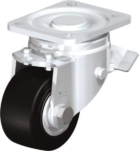 Blickle - 3" Diam x 1-49/64" Wide x 4-23/32" OAH Top Plate Mount Swivel Caster with Brake - Solid Rubber, 440 Lb Capacity, Ball Bearing, 3-15/16 x 3-3/8" Plate - Americas Industrial Supply