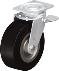 Blickle - 8" Diam x 3-9/64" Wide x 9-41/64" OAH Top Plate Mount Swivel Caster with Brake - Solid Rubber, 1,870 Lb Capacity, Ball Bearing, 5-1/2 x 4-3/8" Plate - Americas Industrial Supply