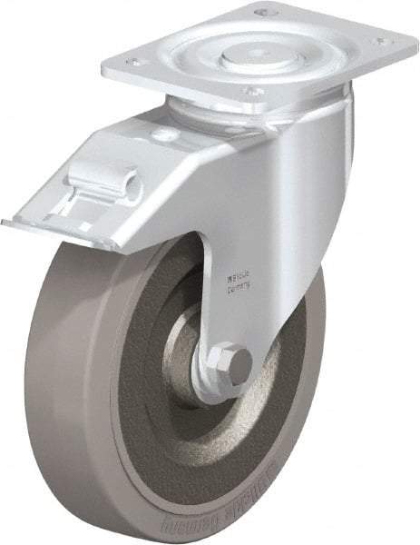 Blickle - 8" Diam x 1-31/32" Wide x 9-41/64" OAH Top Plate Mount Swivel Caster with Brake - Solid Rubber, 1,320 Lb Capacity, Ball Bearing, 5-1/2 x 4-3/8" Plate - Americas Industrial Supply