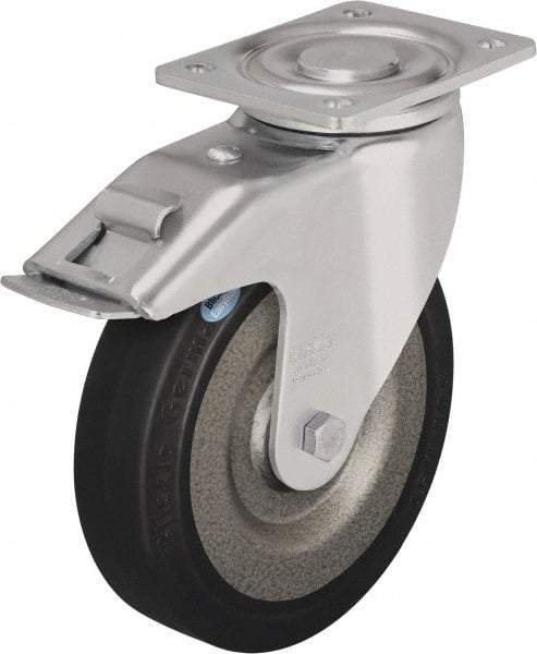 Blickle - 6-1/2" Diam x 1-31/32" Wide x 7-61/64" OAH Top Plate Mount Swivel Caster with Brake - Solid Rubber, 990 Lb Capacity, Ball Bearing, 5-1/2 x 4-3/8" Plate - Americas Industrial Supply