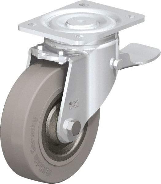 Blickle - 6-1/2" Diam x 1-31/32" Wide x 7-61/64" OAH Top Plate Mount Swivel Caster with Brake - Solid Rubber, 990 Lb Capacity, Ball Bearing, 5-1/2 x 4-3/8" Plate - Americas Industrial Supply