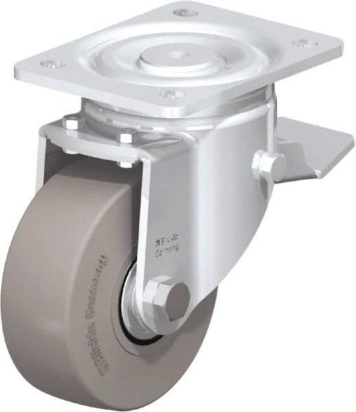 Blickle - 5" Diam x 1-31/32" Wide x 6-11/16" OAH Top Plate Mount Swivel Caster with Brake - Solid Rubber, 704 Lb Capacity, Ball Bearing, 5-1/2 x 4-3/8" Plate - Americas Industrial Supply