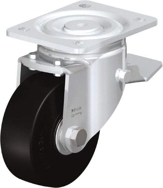 Blickle - 5" Diam x 1-31/32" Wide x 6-11/16" OAH Top Plate Mount Swivel Caster with Brake - Solid Rubber, 704 Lb Capacity, Ball Bearing, 5-1/2 x 4-3/8" Plate - Americas Industrial Supply
