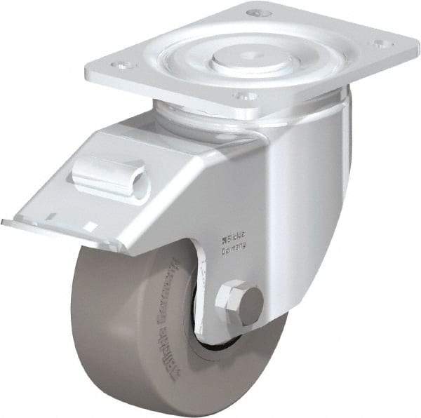 Blickle - 5" Diam x 1-31/32" Wide x 6-11/16" OAH Top Plate Mount Swivel Caster with Brake - Solid Rubber, 704 Lb Capacity, Ball Bearing, 5-1/2 x 4-3/8" Plate - Americas Industrial Supply