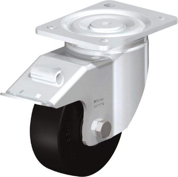 Blickle - 5" Diam x 1-31/32" Wide x 6-11/16" OAH Top Plate Mount Swivel Caster with Brake - Solid Rubber, 704 Lb Capacity, Ball Bearing, 5-1/2 x 4-3/8" Plate - Americas Industrial Supply