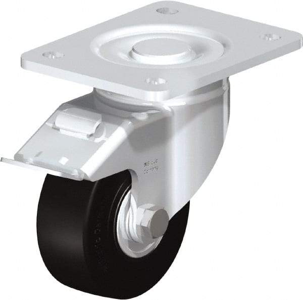 Blickle - 4" Diam x 1-49/64" Wide x 5-33/64" OAH Top Plate Mount Swivel Caster with Brake - Solid Rubber, 594 Lb Capacity, Ball Bearing, 5-1/2 x 4-3/8" Plate - Americas Industrial Supply