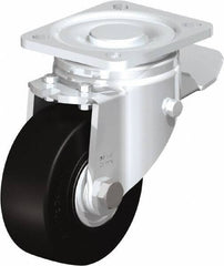 Blickle - 4" Diam x 1-49/64" Wide x 5-33/64" OAH Top Plate Mount Swivel Caster with Brake - Solid Rubber, 594 Lb Capacity, Ball Bearing, 3-15/16 x 3-3/8" Plate - Americas Industrial Supply