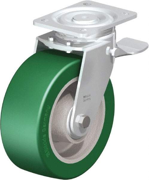 Blickle - 8" Diam x 3-9/64" Wide x 9-41/64" OAH Top Plate Mount Swivel Caster with Brake - Polyurethane-Elastomer Blickle Softhane, 1,760 Lb Capacity, Ball Bearing, 5-1/2 x 4-3/8" Plate - Americas Industrial Supply