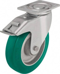 Blickle - 8" Diam x 1-31/32" Wide x 9-41/64" OAH Top Plate Mount Swivel Caster with Brake - Polyurethane-Elastomer Blickle Softhane, 1,760 Lb Capacity, Ball Bearing, 5-1/2 x 4-3/8" Plate - Americas Industrial Supply
