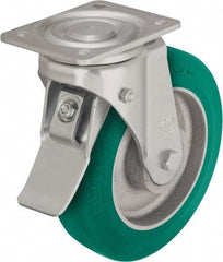 Blickle - 10" Diam x 2-23/64" Wide x 11-39/64" OAH Top Plate Mount Swivel Caster with Brake - Polyurethane-Elastomer Blickle Softhane, 1,980 Lb Capacity, Ball Bearing, 5-1/2 x 4-3/8" Plate - Americas Industrial Supply