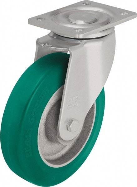 Blickle - 8" Diam x 1-31/32" Wide x 9-41/64" OAH Top Plate Mount Swivel Caster - Polyurethane-Elastomer Blickle Softhane, 1,760 Lb Capacity, Ball Bearing, 5-1/2 x 4-3/8" Plate - Americas Industrial Supply