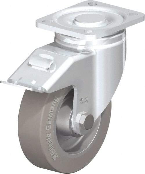 Blickle - 5" Diam x 1-9/16" Wide x 6-1/2" OAH Top Plate Mount Swivel Caster with Brake - Solid Rubber, 550 Lb Capacity, Ball Bearing, 3-15/16 x 3-3/8" Plate - Americas Industrial Supply