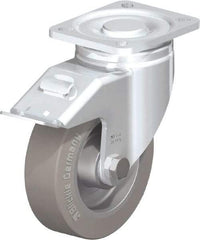 Blickle - 5" Diam x 1-9/16" Wide x 6-1/2" OAH Top Plate Mount Swivel Caster with Brake - Solid Rubber, 550 Lb Capacity, Ball Bearing, 3-15/16 x 3-3/8" Plate - Americas Industrial Supply