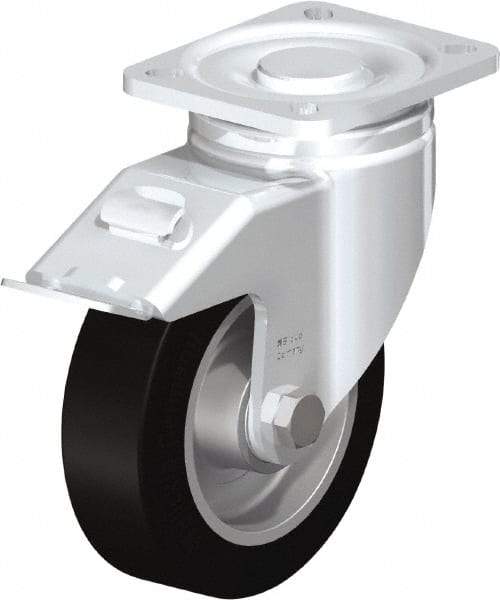 Blickle - 5" Diam x 1-9/16" Wide x 6-1/2" OAH Top Plate Mount Swivel Caster with Brake - Solid Rubber, 550 Lb Capacity, Ball Bearing, 3-15/16 x 3-3/8" Plate - Americas Industrial Supply