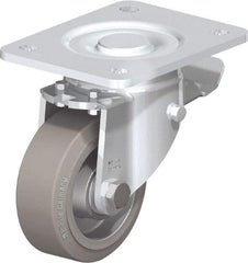 Blickle - 4" Diam x 1-9/16" Wide x 5-33/64" OAH Top Plate Mount Swivel Caster with Brake - Solid Rubber, 440 Lb Capacity, Ball Bearing, 5-1/2 x 4-3/8" Plate - Americas Industrial Supply