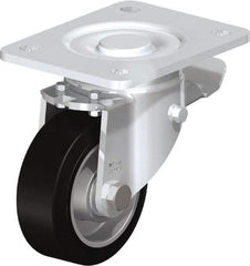 Blickle - 4" Diam x 1-9/16" Wide x 5-33/64" OAH Top Plate Mount Swivel Caster with Brake - Solid Rubber, 440 Lb Capacity, Ball Bearing, 5-1/2 x 4-3/8" Plate - Americas Industrial Supply