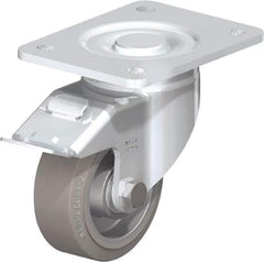 Blickle - 4" Diam x 1-9/16" Wide x 5-33/64" OAH Top Plate Mount Swivel Caster with Brake - Solid Rubber, 440 Lb Capacity, Ball Bearing, 5-1/2 x 4-3/8" Plate - Americas Industrial Supply