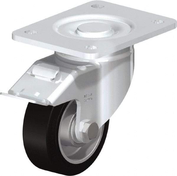Blickle - 4" Diam x 1-9/16" Wide x 5-33/64" OAH Top Plate Mount Swivel Caster with Brake - Solid Rubber, 440 Lb Capacity, Ball Bearing, 5-1/2 x 4-3/8" Plate - Americas Industrial Supply