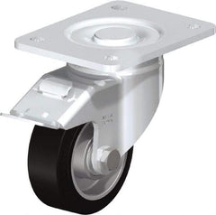 Blickle - 4" Diam x 1-9/16" Wide x 5-33/64" OAH Top Plate Mount Swivel Caster with Brake - Solid Rubber, 440 Lb Capacity, Ball Bearing, 5-1/2 x 4-3/8" Plate - Americas Industrial Supply
