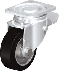 Blickle - 4" Diam x 1-9/16" Wide x 5-33/64" OAH Top Plate Mount Swivel Caster with Brake - Solid Rubber, 440 Lb Capacity, Ball Bearing, 3-15/16 x 3-3/8" Plate - Americas Industrial Supply