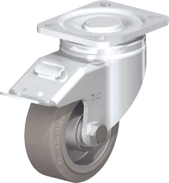 Blickle - 4" Diam x 1-9/16" Wide x 5-33/64" OAH Top Plate Mount Swivel Caster with Brake - Solid Rubber, 440 Lb Capacity, Ball Bearing, 3-15/16 x 3-3/8" Plate - Americas Industrial Supply