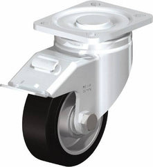 Blickle - 4" Diam x 1-9/16" Wide x 5-33/64" OAH Top Plate Mount Swivel Caster with Brake - Solid Rubber, 440 Lb Capacity, Ball Bearing, 3-15/16 x 3-3/8" Plate - Americas Industrial Supply