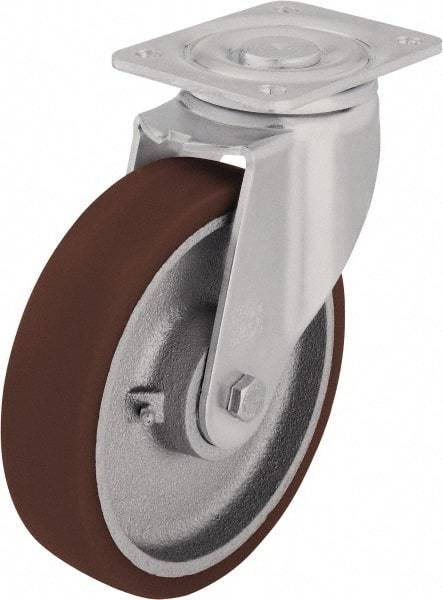 Blickle - 8" Diam x 2-35/64" Wide x 9-21/32" OAH Top Plate Mount Swivel Caster - Polyurethane-Elastomer Blickle Softhane, 1,980 Lb Capacity, Ball Bearing, 5-1/2 x 4-3/8" Plate - Americas Industrial Supply