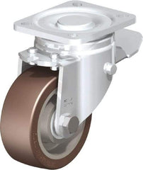 Blickle - 4" Diam x 1-37/64" Wide x 5-33/64" OAH Top Plate Mount Swivel Caster with Brake - Polyurethane-Elastomer Blickle Softhane, 880 Lb Capacity, Ball Bearing, 3-15/16 x 3-3/8" Plate - Americas Industrial Supply