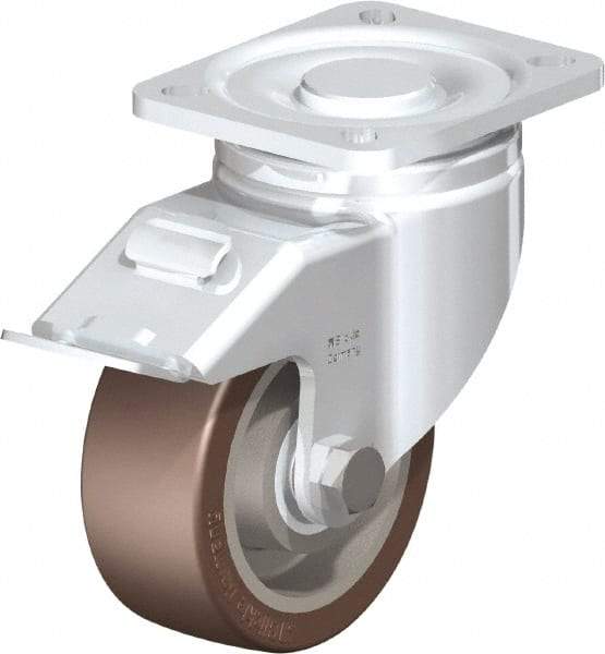 Blickle - 4" Diam x 1-37/64" Wide x 5-33/64" OAH Top Plate Mount Swivel Caster with Brake - Polyurethane-Elastomer Blickle Softhane, 880 Lb Capacity, Ball Bearing, 3-15/16 x 3-3/8" Plate - Americas Industrial Supply