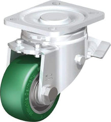 Blickle - 3" Diam x 1-9/16" Wide x 4-23/32" OAH Top Plate Mount Swivel Caster with Brake - Polyurethane-Elastomer Blickle Softhane, 506 Lb Capacity, Ball Bearing, 3-15/16 x 3-3/8" Plate - Americas Industrial Supply