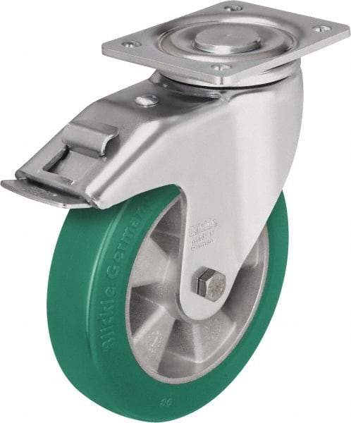 Blickle - 6-1/2" Diam x 2" Wide x 7-61/64" OAH Top Plate Mount Swivel Caster with Brake - Polyurethane-Elastomer Blickle Softhane, 1,210 Lb Capacity, Ball Bearing, 5-1/2 x 4-3/8" Plate - Americas Industrial Supply