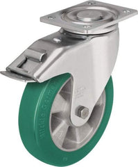 Blickle - 6-1/2" Diam x 2" Wide x 7-61/64" OAH Top Plate Mount Swivel Caster with Brake - Polyurethane-Elastomer Blickle Softhane, 1,210 Lb Capacity, Ball Bearing, 5-1/2 x 4-3/8" Plate - Americas Industrial Supply