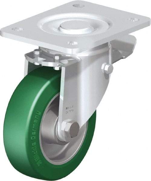 Blickle - 5" Diam x 1-9/16" Wide x 6-1/2" OAH Top Plate Mount Swivel Caster with Brake - Polyurethane-Elastomer Blickle Softhane, 770 Lb Capacity, Ball Bearing, 5-1/2 x 4-3/8" Plate - Americas Industrial Supply